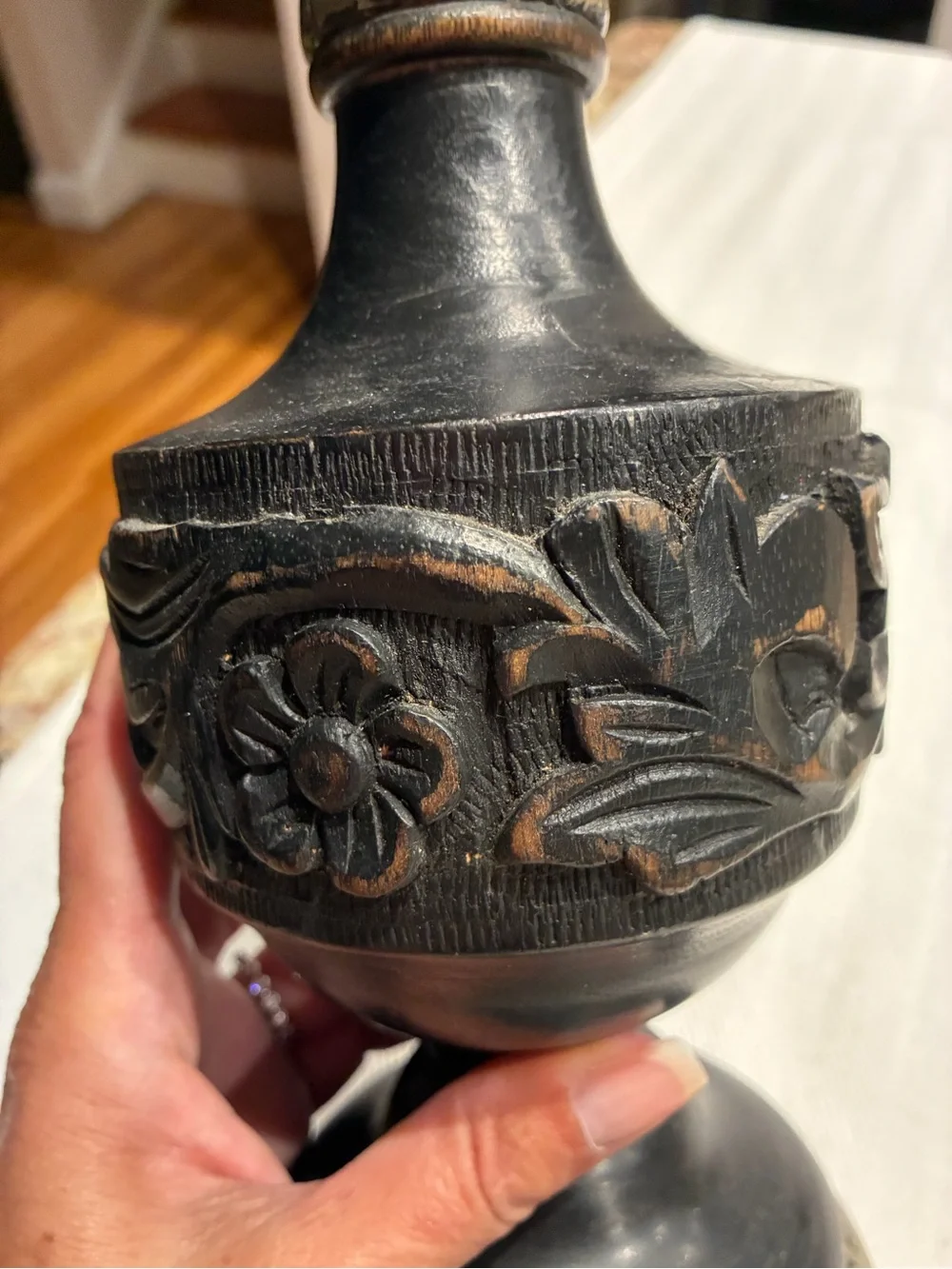 Vintage hand-carved black wood and metallic-accented decorative finial